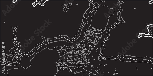 Abstract Topography Design with Seamless Lines and Geometric Grids, Illustrating Sea Map and Mounted Landscape Area with Technology-Inspired Details on a Dark Black Background