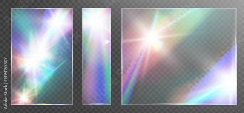Transparent glass overlays with rainbow glare, prism effect, and glowing light reflections.