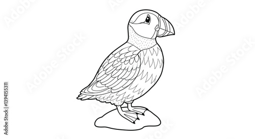 Adorable Puffin Drawing Line Art On Rock With Distinctive Large Beak And Chubby Round Body Cute Seabird Icon Vector