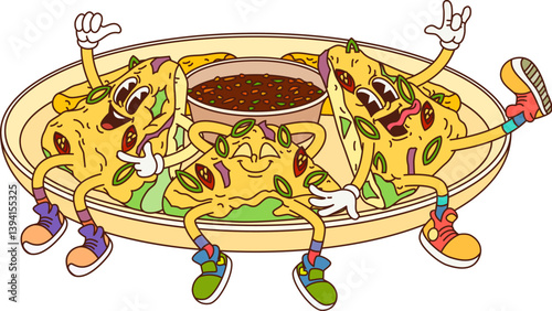 Cartoon pajeon savory pancakes Korean cuisine food characters with expressive faces, sneakers, and playful poses sit on a plate with dipping sauce, embodying joy and a festive Asian dining experience
