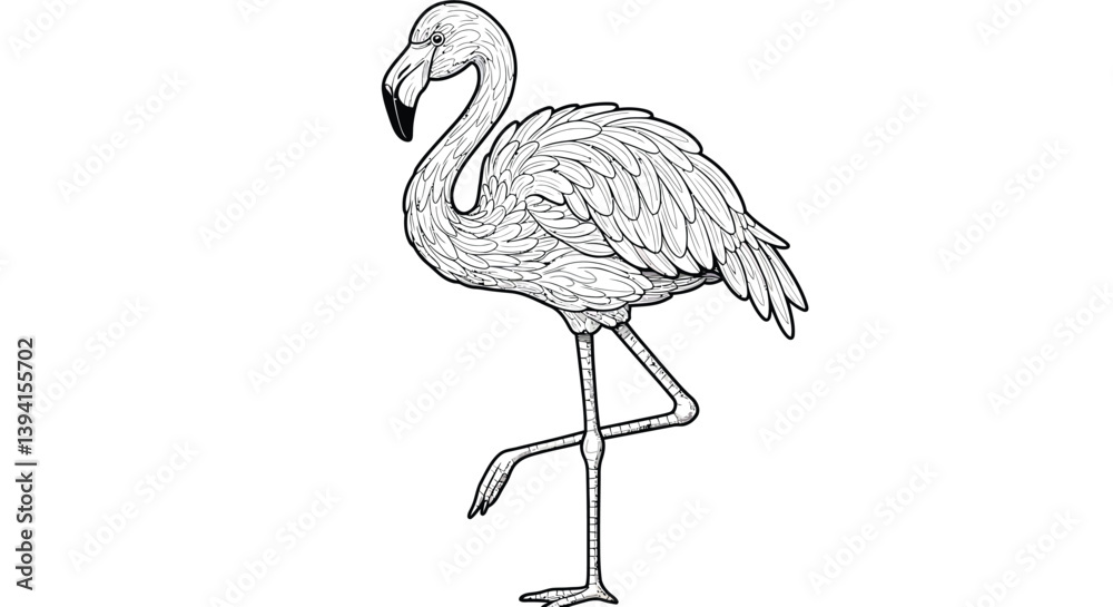 Fototapeta premium Flamingo Bird Drawing Line Art Balanced On Single Leg Featuring Iconic Elegant Curved Neck Tropical Wildlife Graphic