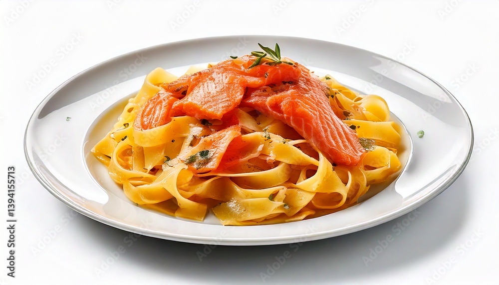 タリアテッレとスモークサーモンの上品なイタリアン料理 シンプルで豪華なパスタ皿