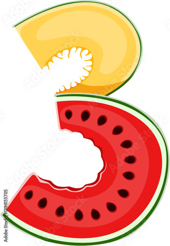 Cartoon farm font type, fruit number for agriculture harvest, vector funny typeface for kids. Farm font number 3 or Three as watermelon and pumpkin slice for cartoon farm vegetable harvest alphabet
