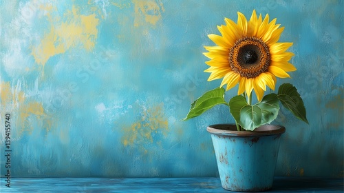 illustration of a potted sunflower plant on a pastel soft teal background bright yellows popping beautifully