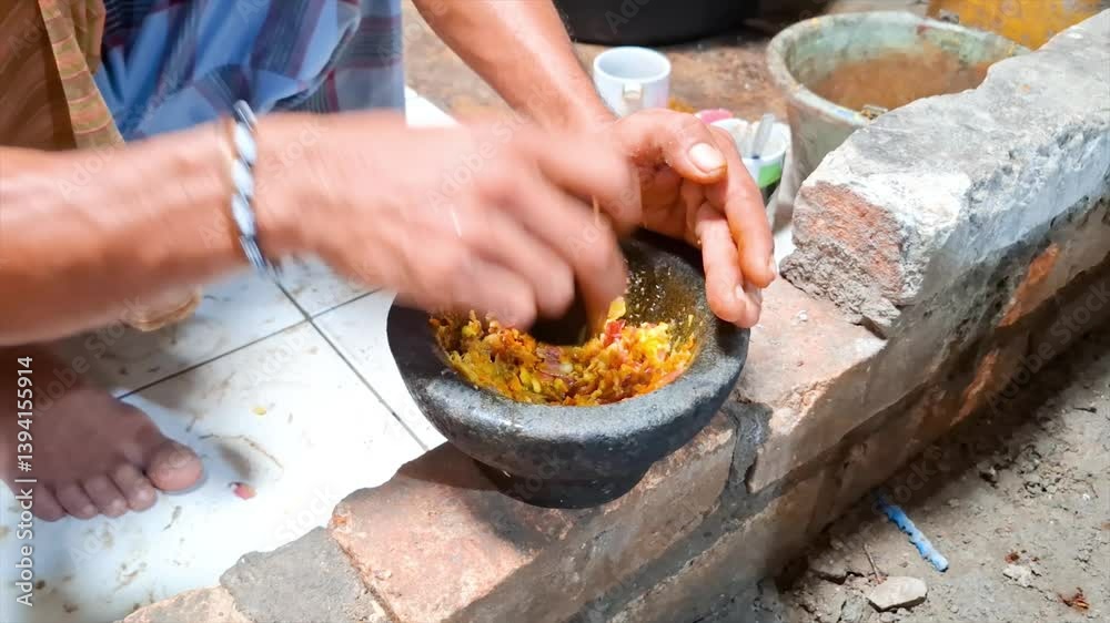 Footage of a man's hands using a traditional stone mortar and pestle to pound and mix spices and bright yellow and orange ingredients. The rough texture of the mortar contrasts with the finely ground 