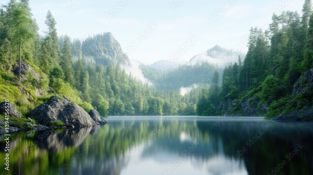 Serene mountain lake reflecting a misty morning. Lush greenery surrounds a calm body of water nestled within a mountainous landscape Serene mountain lake reflecting a misty morning. Lush greenery surrounds a calm body of water nestled within a mountainous landscape