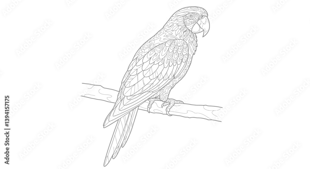 Fototapeta premium Vibrant Scarlet Macaw Outline Perched On Branch Showcasing Long Tail Feathers And Strong Curved Beak Exotic Parrot