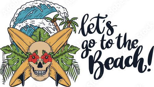 Let's go to the beach. Summer design with surfers skull and waves. Vector illustration