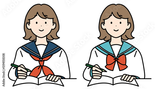 勉強する高校生 2セット セーラー スカーフ リボン