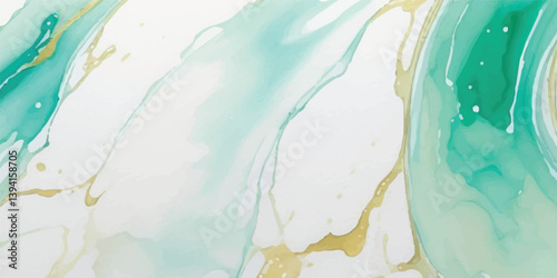 Soft Aquamarine Green Watercolor with Fluid Marbled Texture and Delicate Golden Lines, Creating an Elegant and Dreamlike Abstract Banner Illustration

