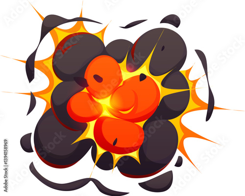 Cartoon bomb explosion blast effect, comic fire and smoke boom cloud. Vector explode burst, high energy explosion with glowing hot embers and dark clouds expanding in all directions, dynamic impact