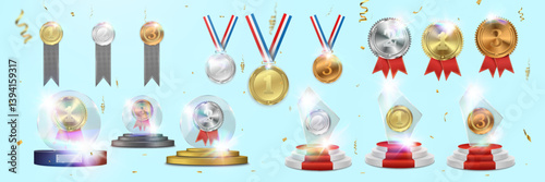 Award ceremony composition with podiums, medals, ribbons, confetti, and glowing light effects for celebration and success themes.