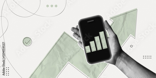 Trendy Halftone Collage Hand holds Phone with stock market statistics chart and up arrow. Finance business data graph. Trending upwards. Businessman show profits. Contemporary vector illustration art