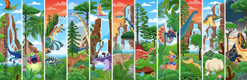 Prehistoric dinosaur characters collage. Cartoon vector Jurassic era scenes of dino world featuring ancient reptile animal species in lush jungle landscape with waterfalls, volcanoes and exotic plants