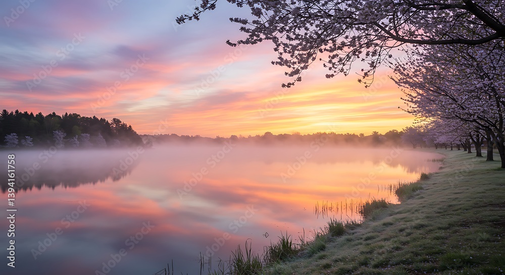 Fototapeta premium Reflecting Lake with Early Morning Mist and Blossoming Trees Landscape