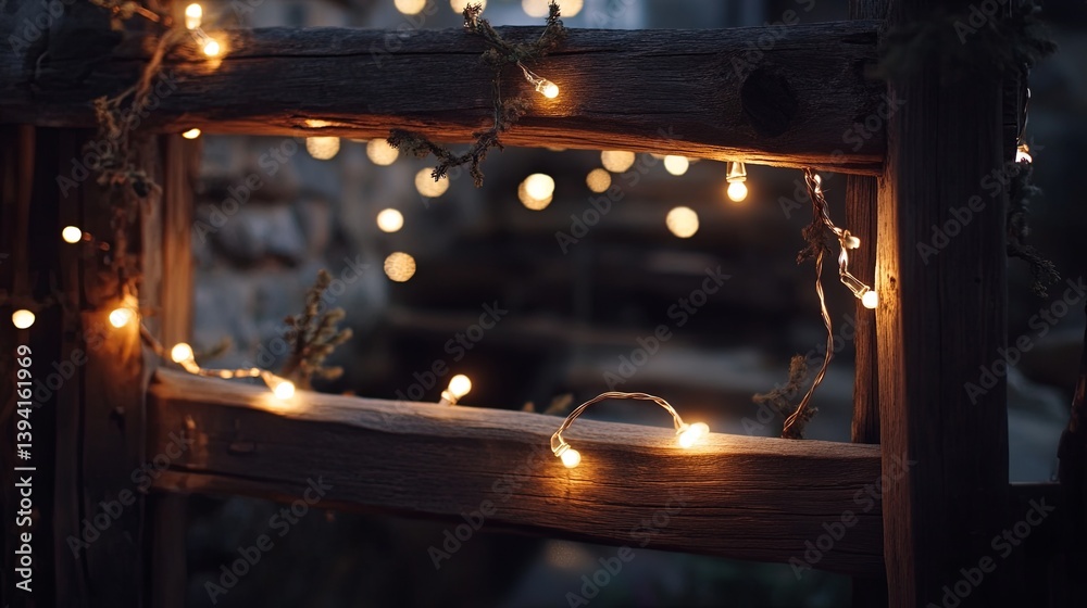 Fototapeta premium A glowing string of fairy lights styled around a rustic wooden frame. background