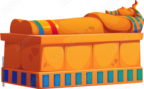 Egyptian sarcophagus featuring a golden pharaoh resting on hieroglyphic decorated tomb. Ancient Egypt game icon, treasure asset, historical artifact represents culture, mythology, and burial tradition