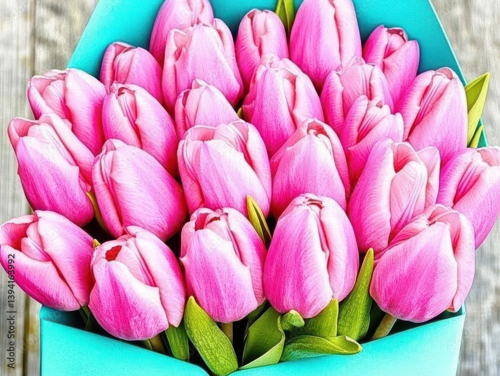 Fototapeta premium Vibrant Pink Tulips in Turquoise Wrapping Floral Arrangement on Wooden Background for Celebration and Decoration Still Life