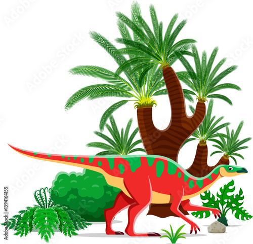 Dinosaur or prehistoric lizard and cartoon dino animal in forest, vector character. Anatotitan or Anatosaurus dinosaur of prehistoric Cretaceous era and hadrosaurid species for kids paleontology atlas