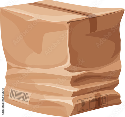 Deformed broken damaged crumpled cardboard box package, crushed or ripped cargo delivery parcel. Vector distressed and poorly treated package, symbolizing shipping errors, and transportation mishaps