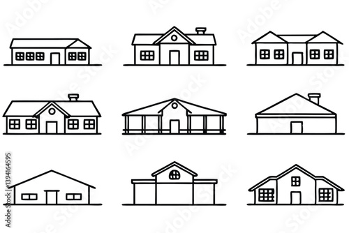 Ranch House Line Art Drawing for Vintage Architecture Design Illustration  