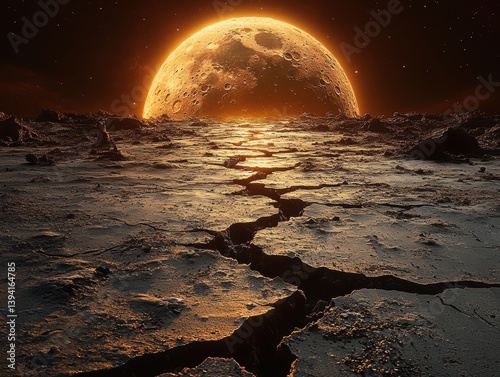 Cracked lunar landscape with a glowing orange moon in the background