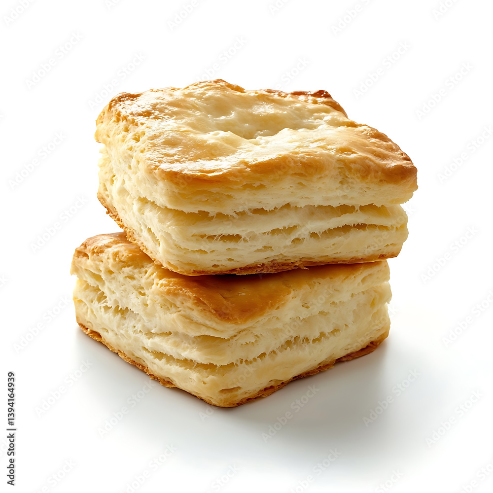 Fluffy and golden scones with a flaky texture and lightly crisp exterior, isolated white background, hyperrealism art style Fluffy and golden scones with a flaky texture and lightly crisp exterior, isolated white background, hyperrealism art style