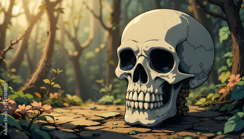 Skull Resting on Forest Floor with Sunlight Filtering Through Trees