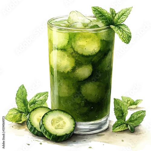 Cucumber Mint Cooler, watercolor illustration, isolated on a white background.


