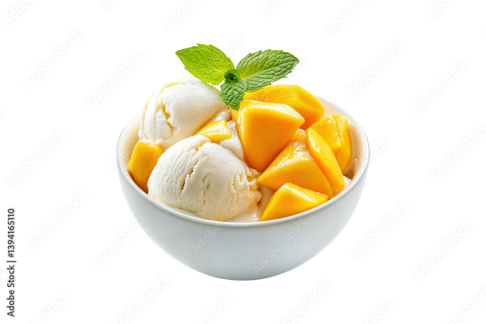 Yogurt with fresh mango chunks and mint leaves in a bowl isolated on transparent background Yogurt with fresh mango chunks and mint leaves in a bowl isolated on transparent background