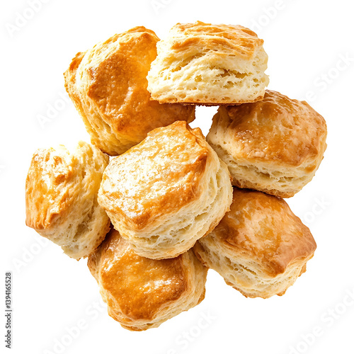 Fluffy and golden scones with a light, flaky texture and a slight golden crust, isolated white background