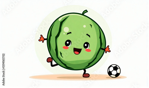 Cheerful watermelon character with a soccer ball, playful and fun concept, healthy lifestyle
