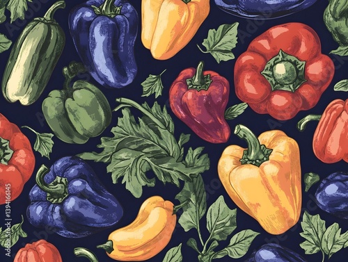 Wallpaper Mural Colorful bell peppers and parsley leaves on a dark background. Seamless pattern. Torontodigital.ca