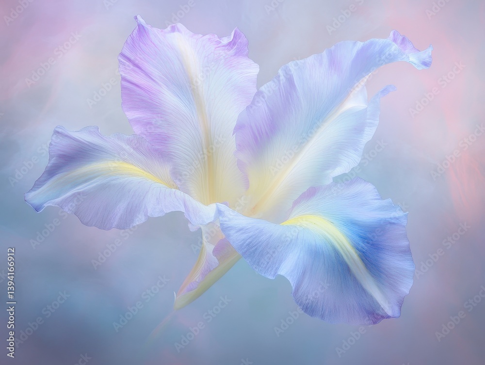 Close Up Abstract Rendering of Iris Flower in Soft Pastel Hues Featuring Purple Blue White and Yellow Petals with an Artistic Texture and Background