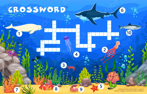 Crossword quiz game grid with underwater animal characters, vector worksheet for kids. Underwater crossword quiz to guess words in grid with funny ocean shark, jellyfish and sea salmon fish with crab
