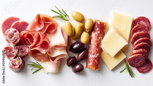 Assorted Meats Cheeses Olives and Fresh Herbs on White Background