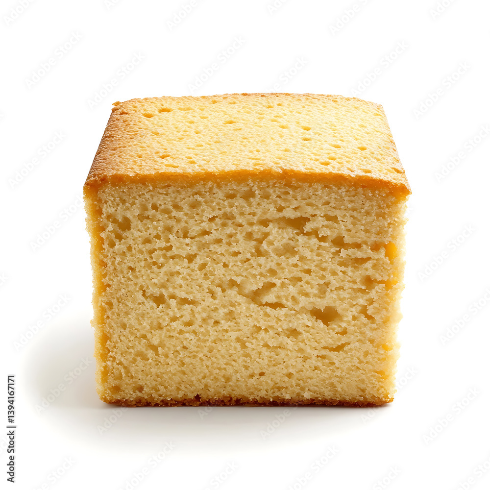 Fluffy and golden sponge cake with a light texture and delicate crumb, isolated white background, hyperrealism art style Fluffy and golden sponge cake with a light texture and delicate crumb, isolated white background, hyperrealism art style