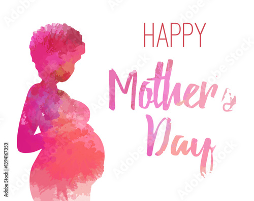 Happy mothers day. Vector postcard with a pink watercolor healthy African pregnant woman. Pregnant Black woman with lettering.