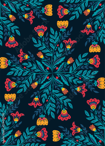 Vector seamless pattern with floral kaleidoscope in folk art style on dark background. Decorative texture with blooming wildflowers mandala