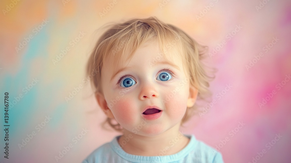 A small child with bright blue eyes expresses sheer amazement, gazing wide-eyed at something unseen, radiating innocence and pure joy against a soft pastel background A small child with bright blue eyes expresses sheer amazement, gazing wide-eyed at something unseen, radiating innocence and pure joy against a soft pastel background