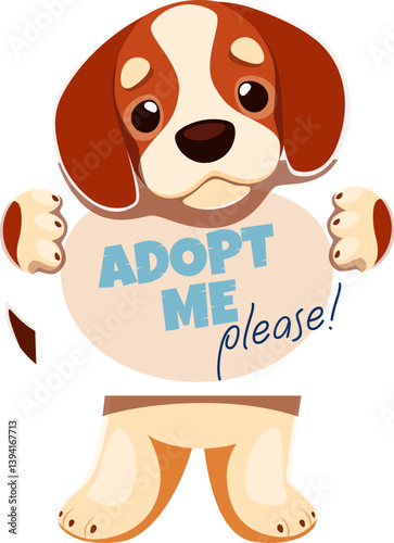 Adopt a dog, cartoon vector puppy holding an adopt me signboard. Vector request to help homeless and lost animals, find home and owners to stray pets charity. Sad dog ask for adoption in doghouse