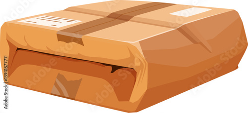 Damaged and dirty cargo cardboard box cartoon. Destroyed crushed paper package, ripped crumpled isolated vector cargo container. Broken dirty shipping box cartoon or damaged wet delivery parcel