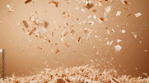 Wood shavings flying on gold background, carpentry waste material