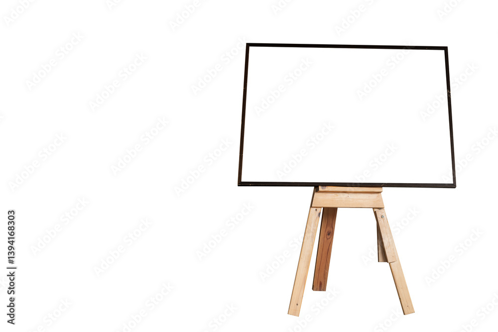 Easel with vertical canvas. Menu announcement board set isolated on white background with clipping path.