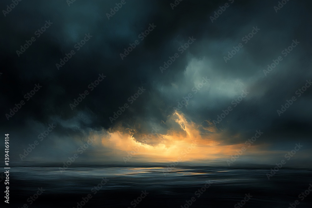Fototapeta premium Dramatic Sky with Cumulus Clouds and Golden Light Reflection on Dark Ocean Water