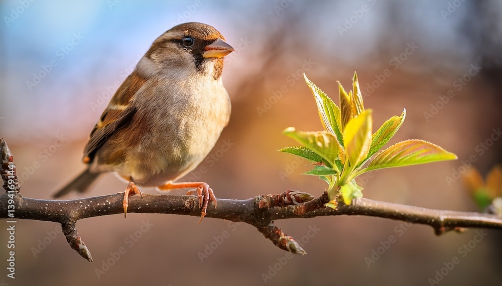 Fototapeta premium 新しい葉が芽吹く春の木の枝で、小さな鳥が静かに止まり込む一瞬の穏やかな風景
