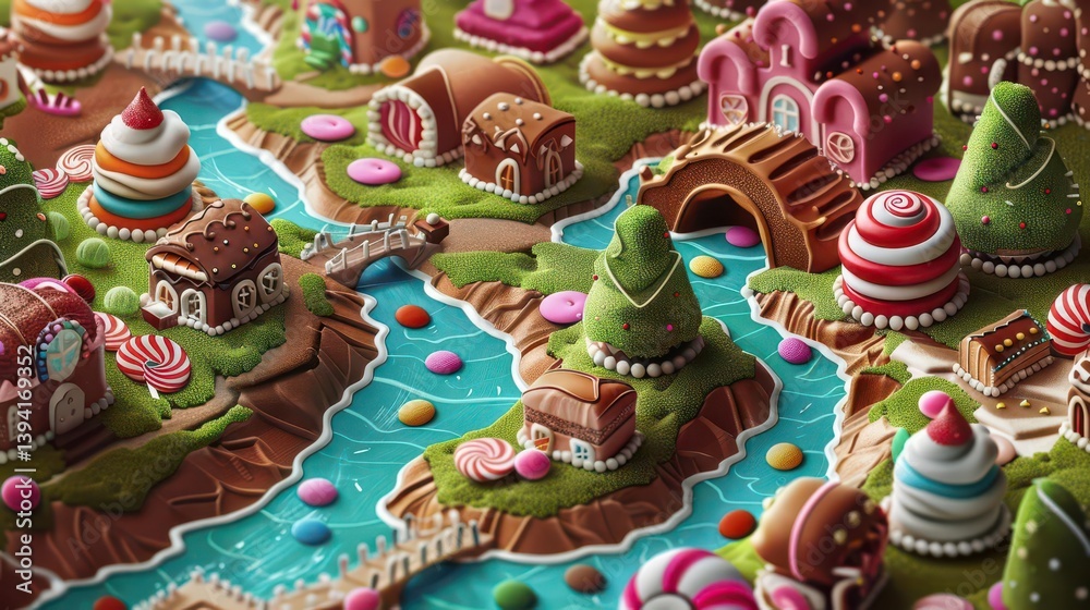 Naklejka premium A whimsical gingerbread village with colorful sweets and decorations by a river.