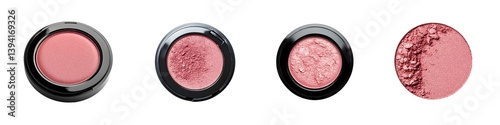 Set of Rosy blush makeup shades shown in compact pans, texture close up isolated on transparent
