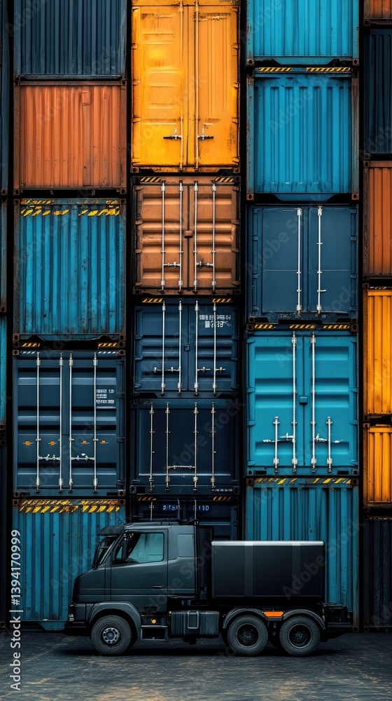 Fototapeta premium Stacked shipping containers with a truck