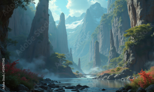 Serene Mountain River Gorge Landscape - Ethereal/Mystical landscapes